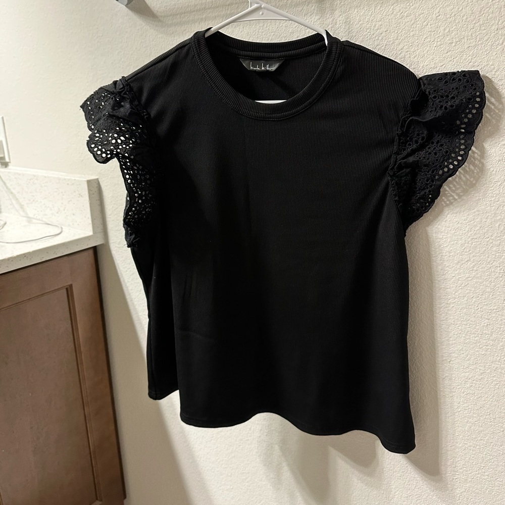 Nicole Miller Black Ruffled Eyelet Sleeve Top